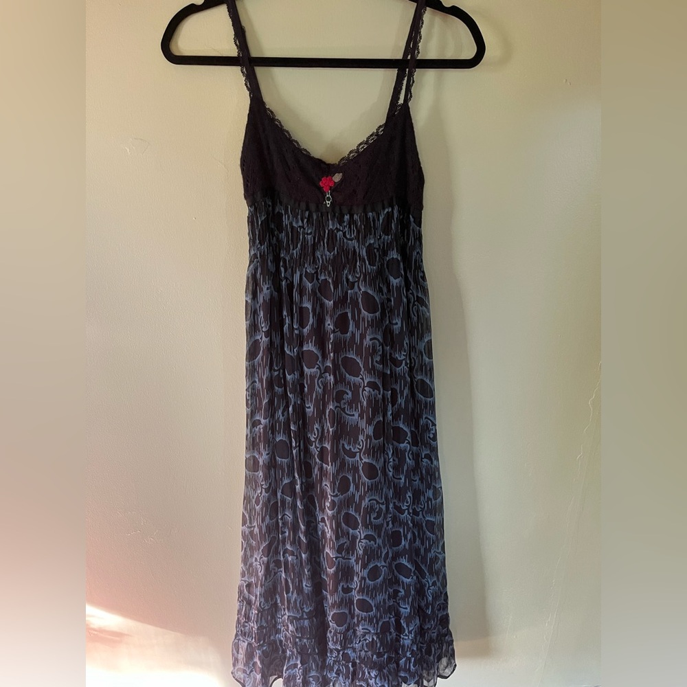 Skinny strap maxi dress colorful pattered black and teal with embroidery
